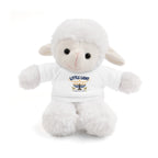 White plush lamb toy with a white shirt on a white background