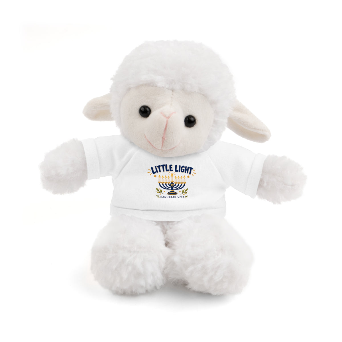 White plush lamb toy with a white shirt on a white background