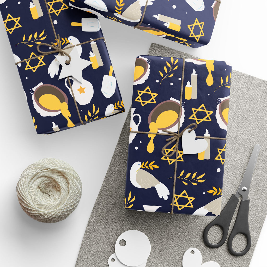 Navy & Gold Judaica Gift Wrap with Doves, Candles, and Stars of David