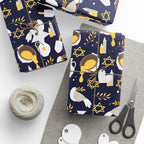 Navy & Gold Judaica Gift Wrap with Doves, Candles, and Stars of David
