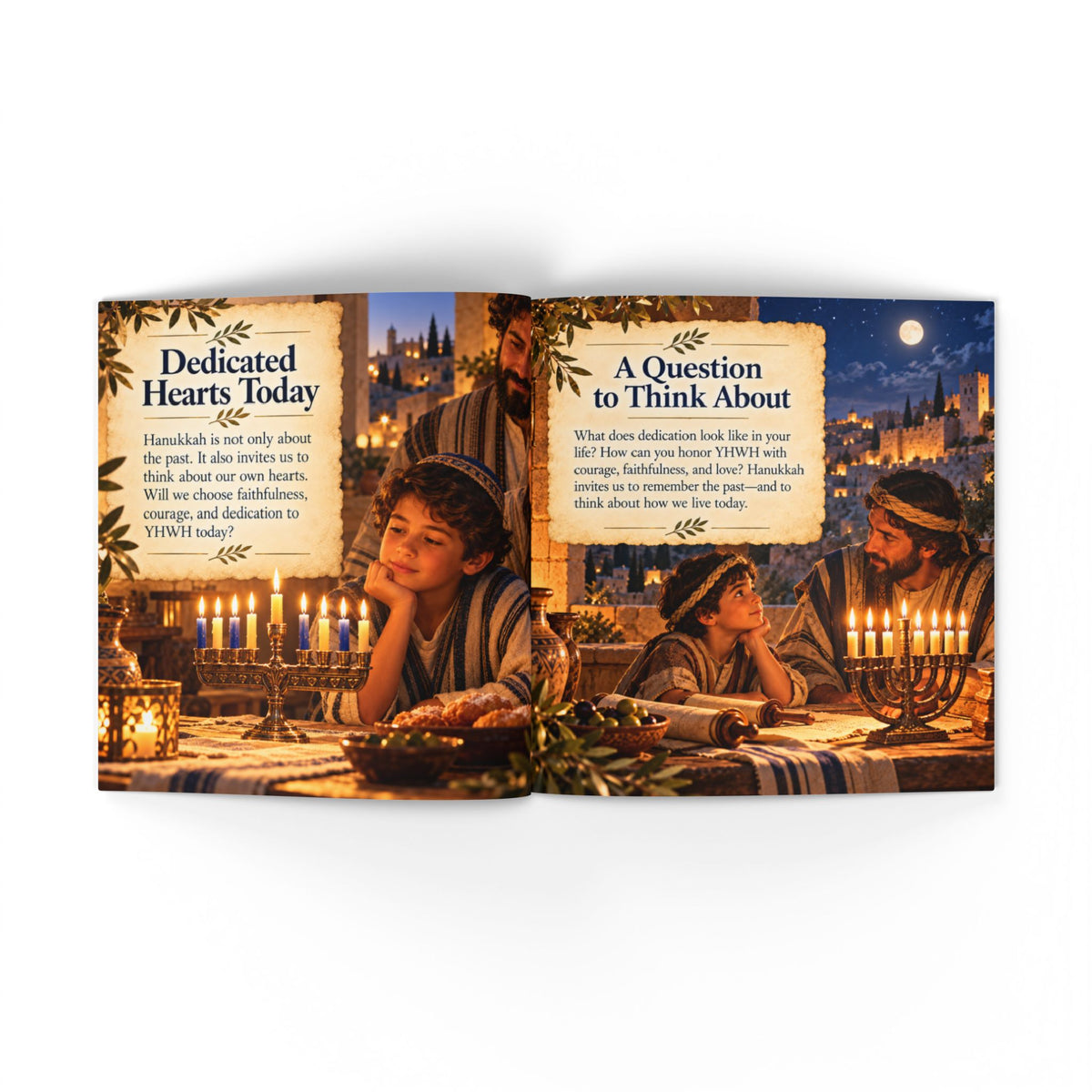 An open children's book spread showing two illustrated pages with candlelit Hanukkah scenes and text titled 'Dedicated Hearts Today' and 'A Question to Think About.'.
