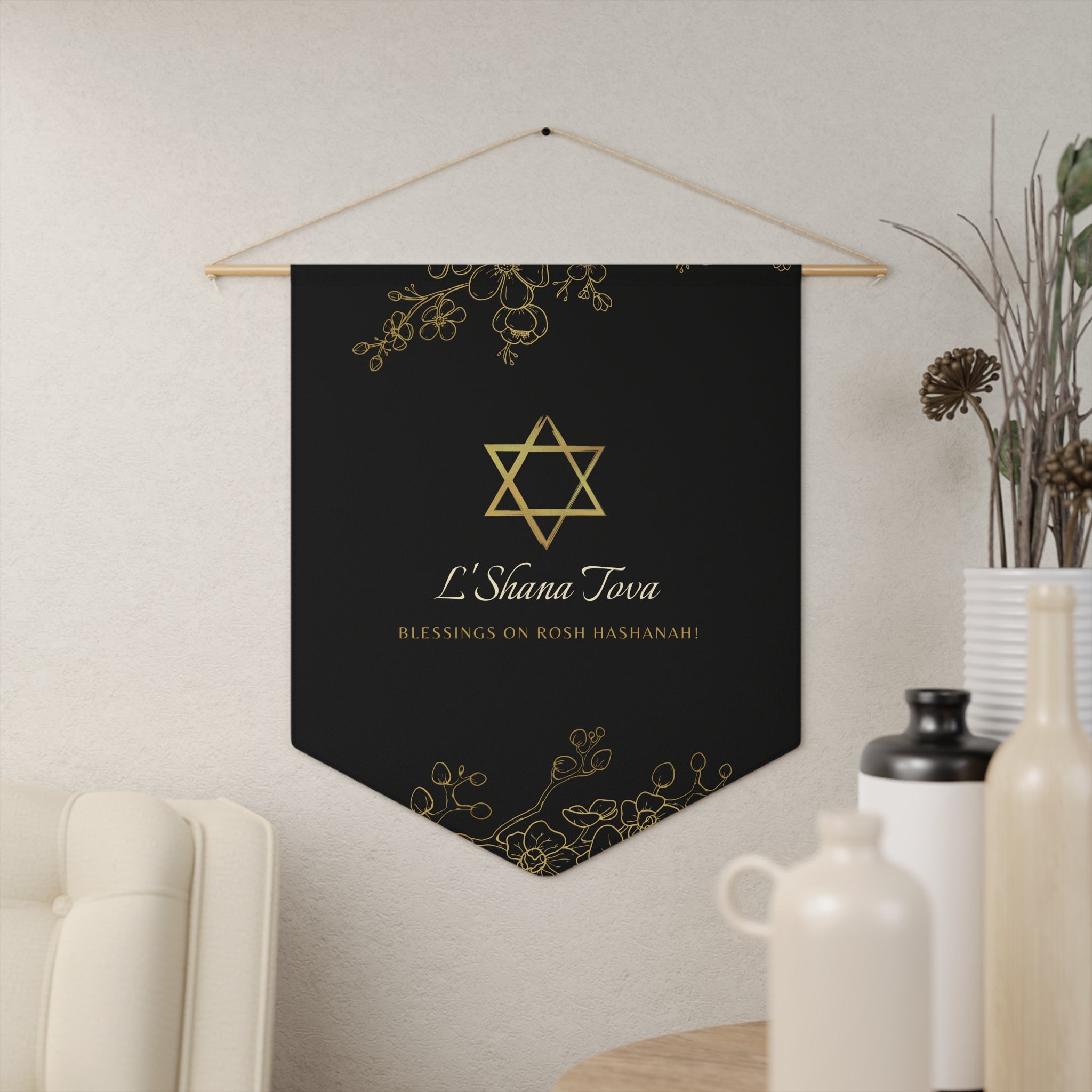 L’Shana Tova | Black & Gold Rosh Hashanah Wall Pennant