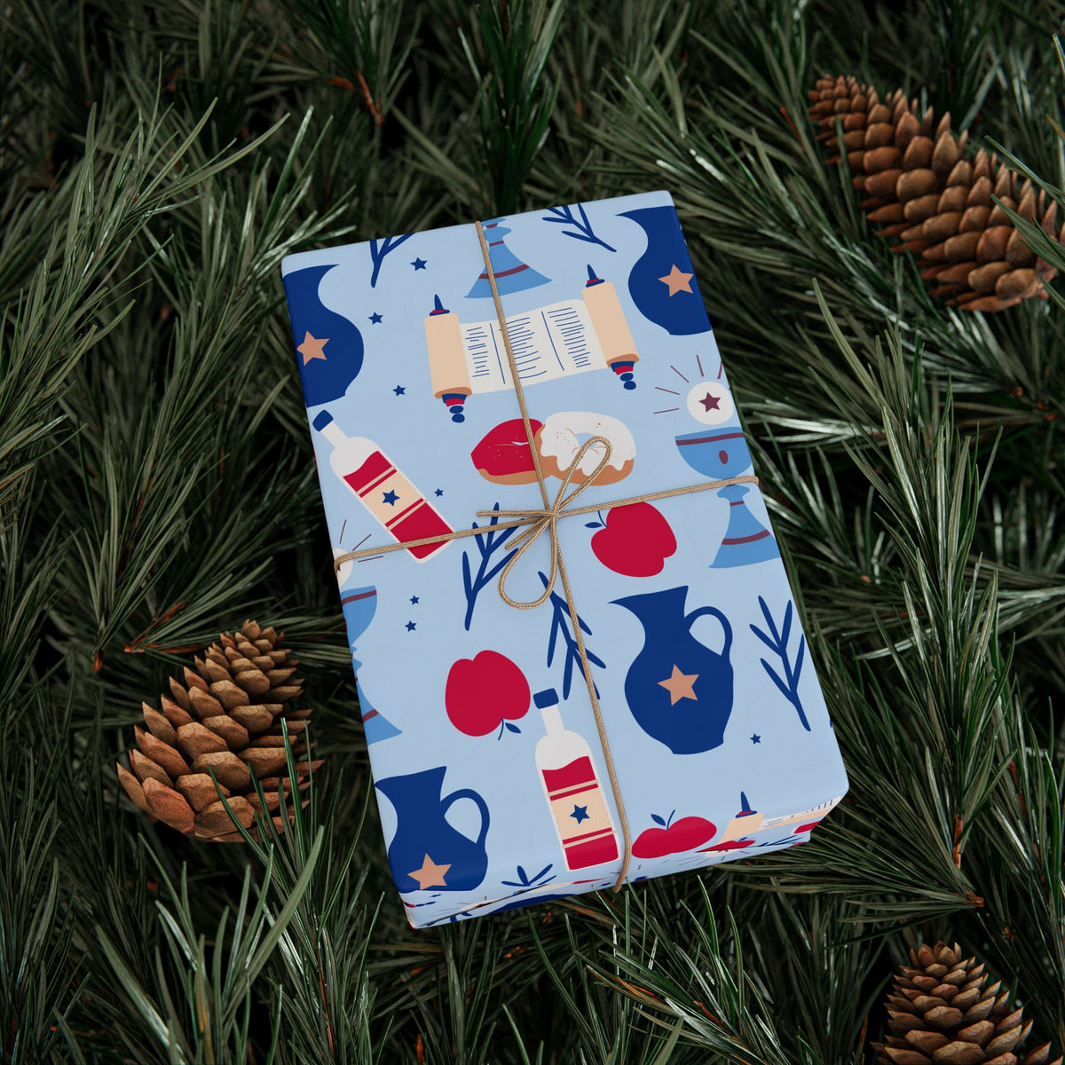 Light Blue Gift Wrap with Torah Scrolls, Challah, Apples | Judaica Wrapping Paper