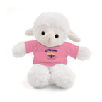 White plush lamb toy wearing a pink shirt with a logo on a white background