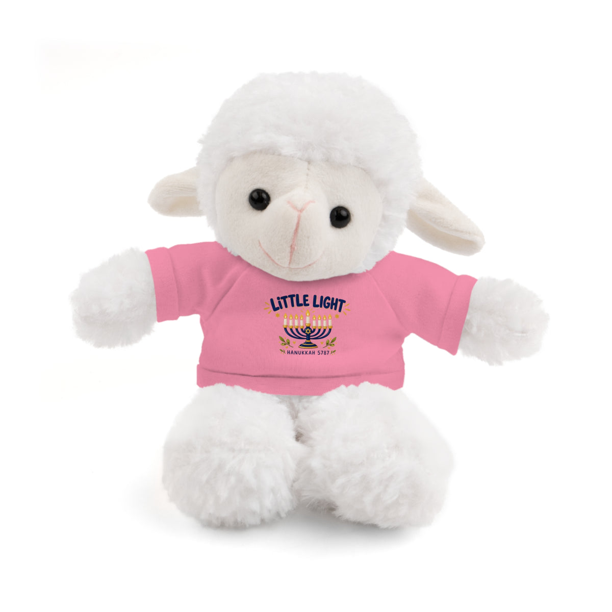 White plush lamb toy wearing a pink shirt with a logo on a white background