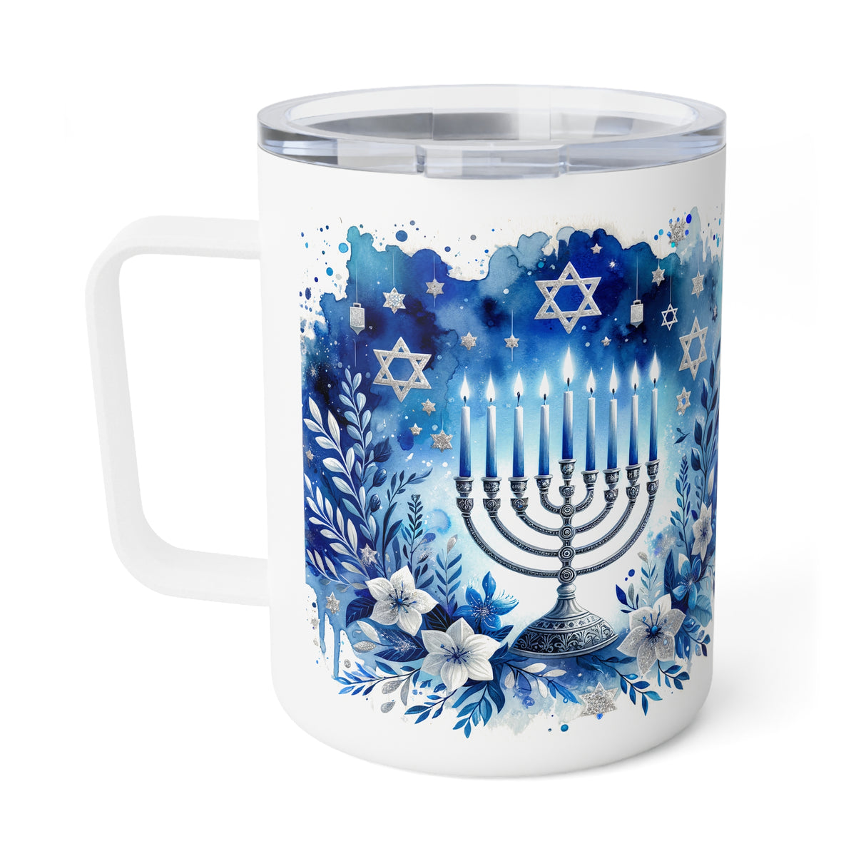 A white stainless steel travel mug with a clear plastic lid, decorated with a blue watercolor Hanukkah design featuring a silver menorah, candles, stars, and flowers.