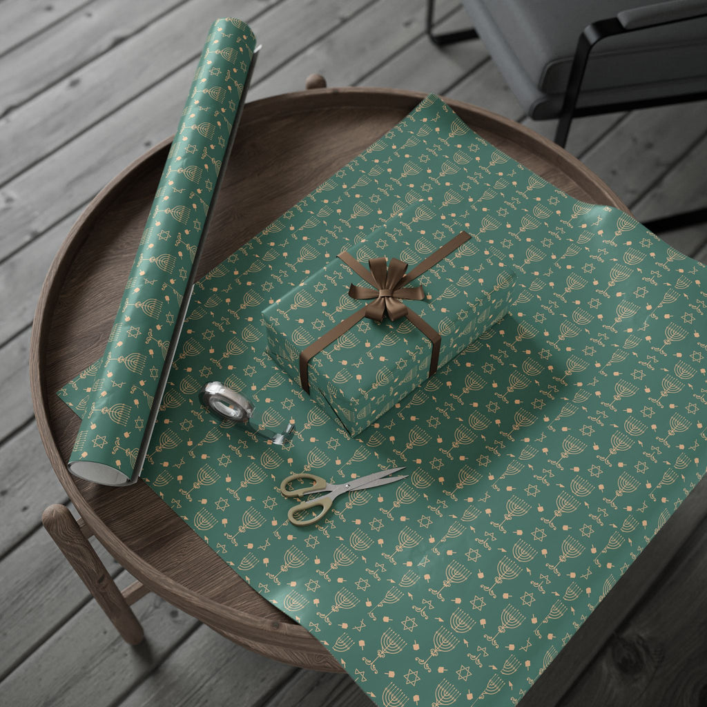 Menorah & Star of David Wrapping Paper | Green & Gold Holiday Gift Wrap
