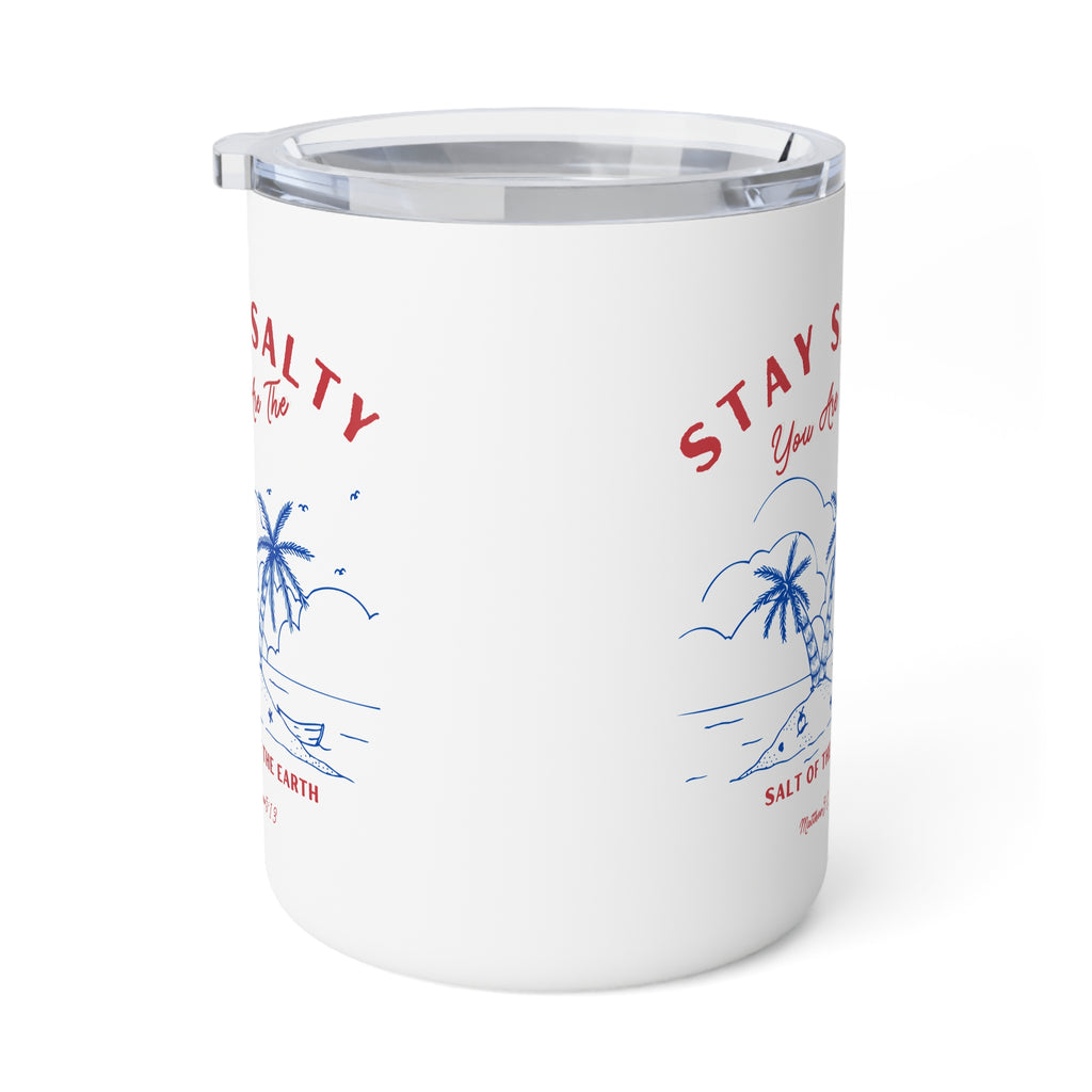 A white insulated tumbler with a clear lid, featuring a blue and red tropical beach graphic and partial text reading 'STAY S.