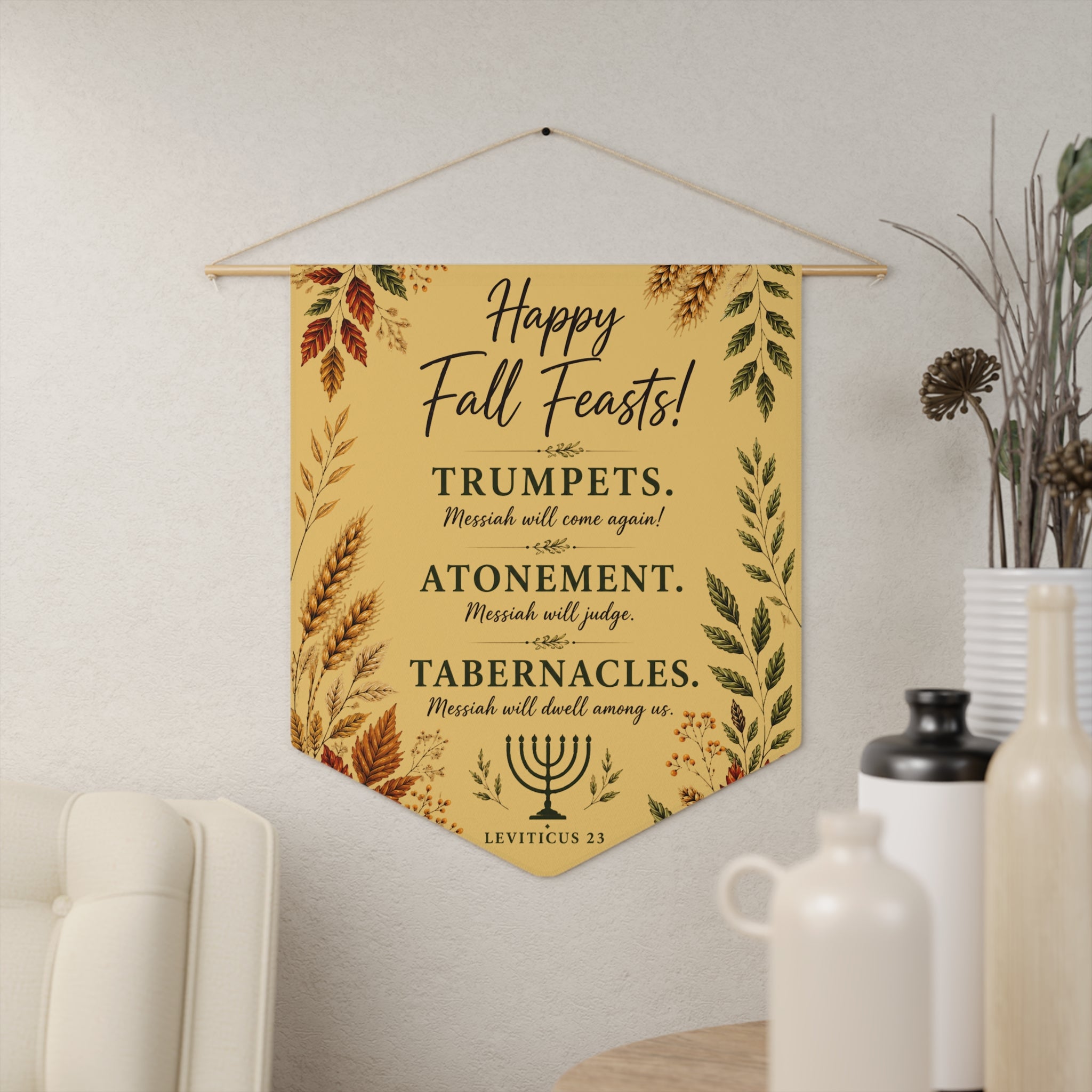 Happy Fall Feasts | Trumpets Atonement Tabernacles Wall Pennant
