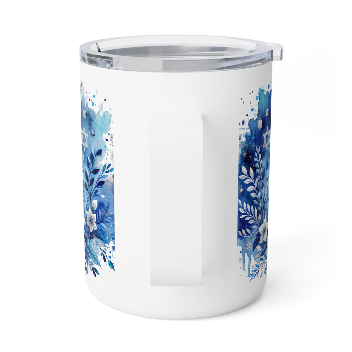 A white insulated travel mug with a clear lid, featuring blue watercolor floral and leaf patterns printed on the sides, shown on a clean white background.
