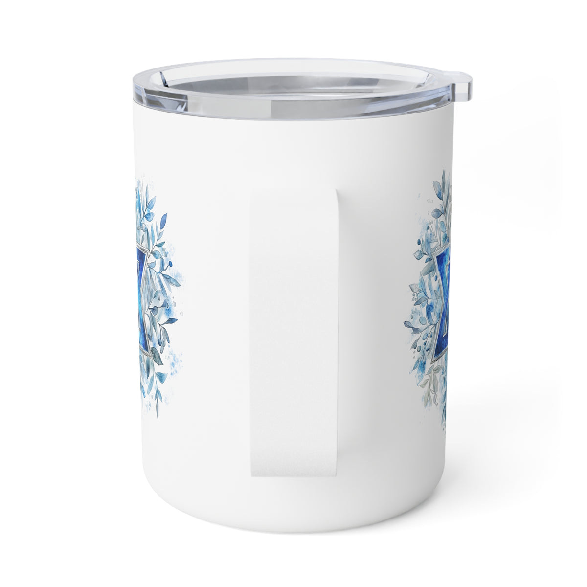 A white insulated tumbler with a clear lid and a vertical handle, decorated with blue floral wreath designs on the sides, shown on a white background.