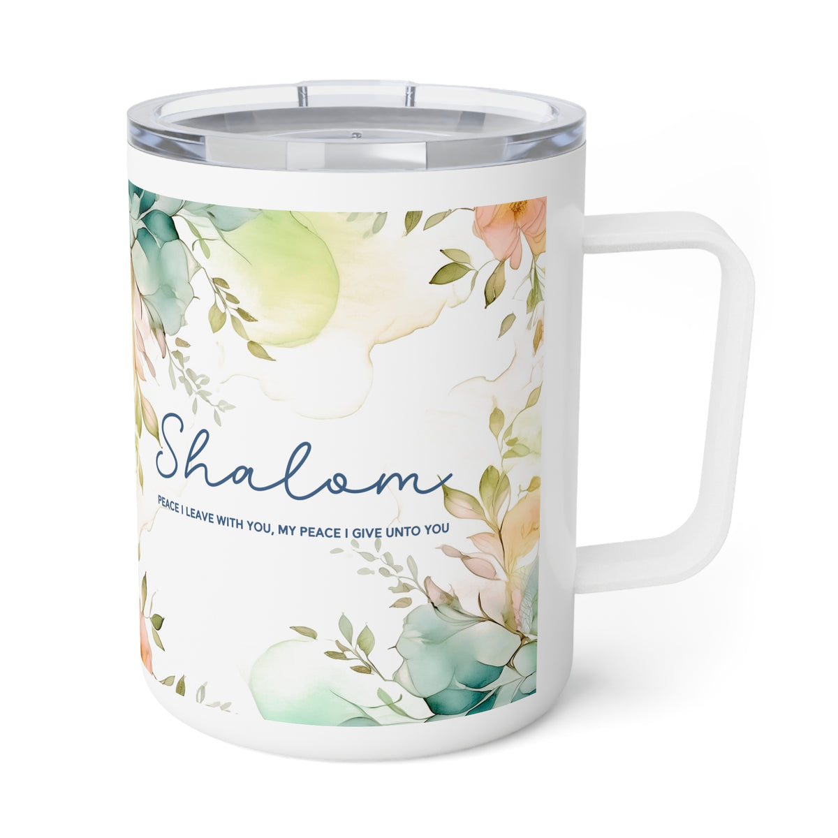 A white insulated travel mug with a clear lid and handle, decorated with a watercolor floral design in soft green, peach, and blue tones, featuring the word 'Shalom' and a small quote on a white background.