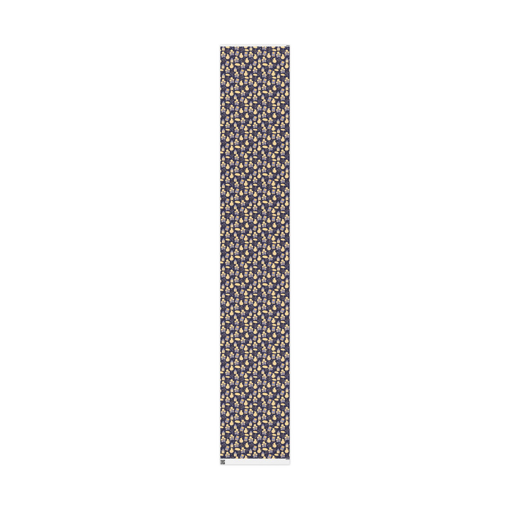 Shabbat Wrapping Paper | Elegant Navy & Gold Judaica Gift Wrap with Candles, Challah, Stars |