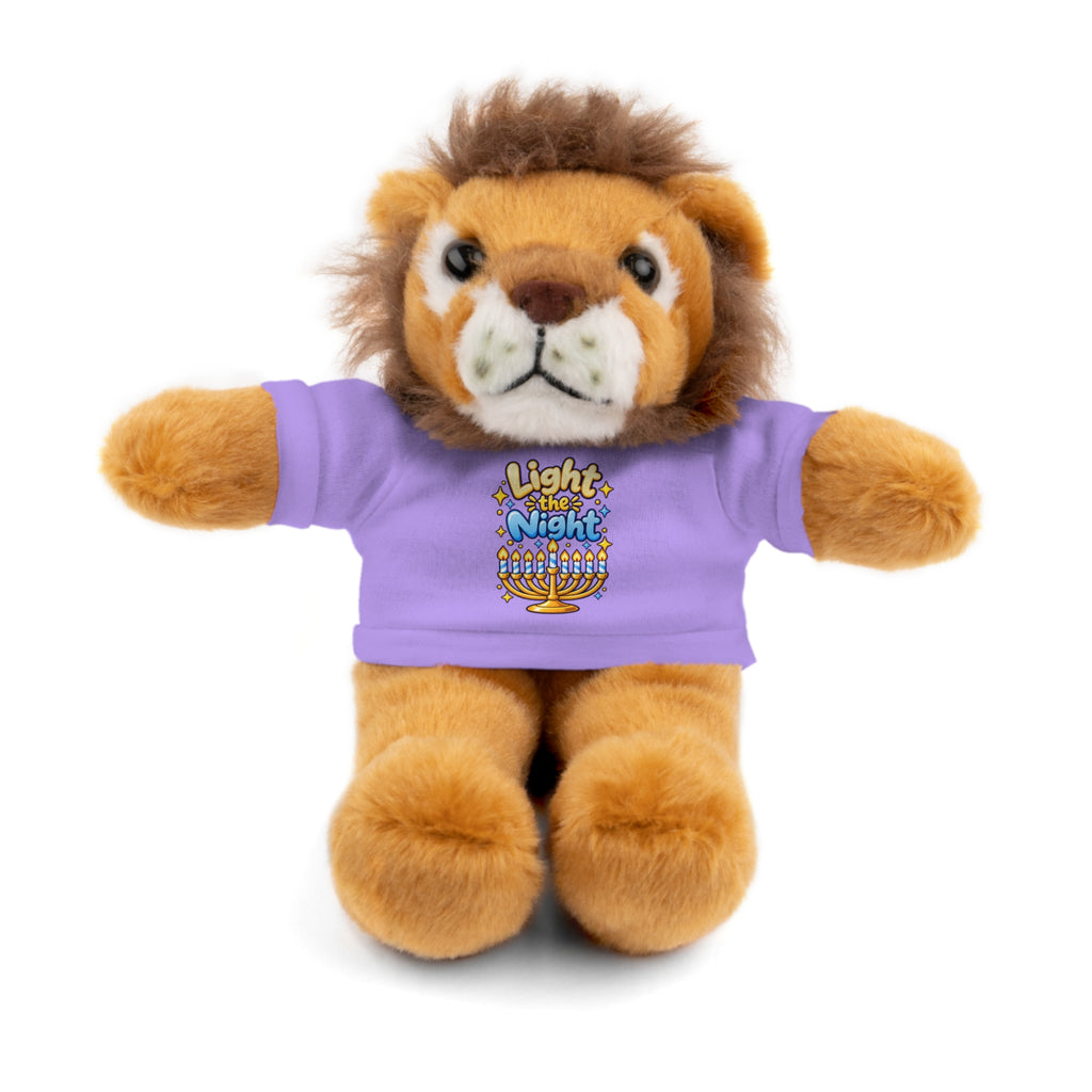 Plush lion toy wearing a purple shirt with a logo on a white background