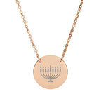 Engraved Hanukkiah Necklace | 18mm Hanukkah Pendant in Rose Gold or Rainbow