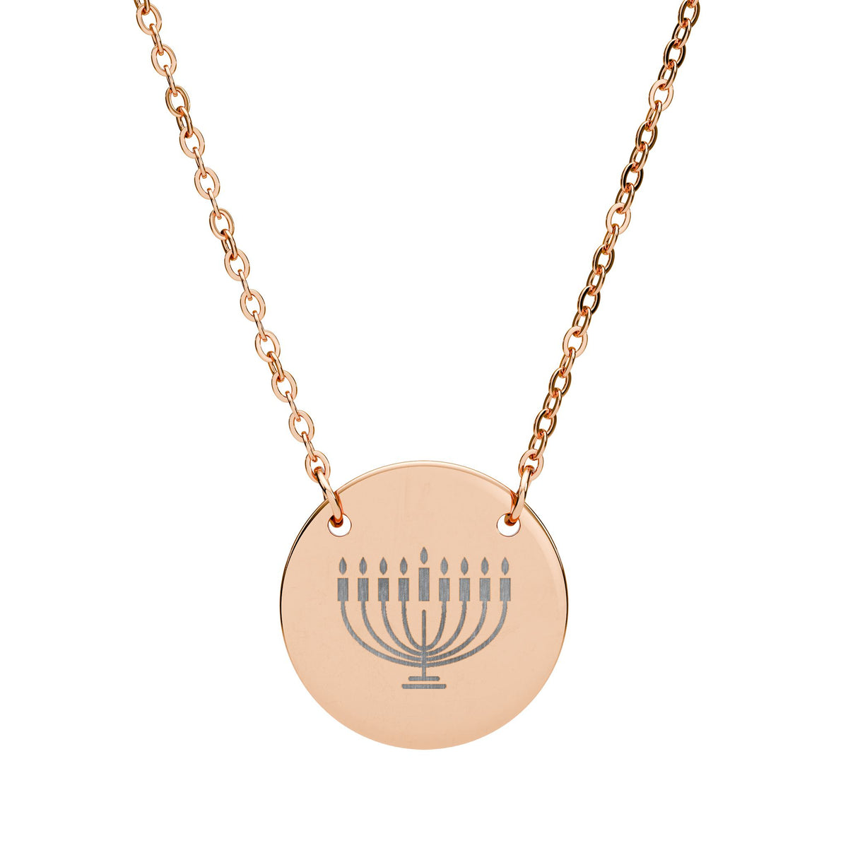 Engraved Hanukkiah Necklace | 18mm Hanukkah Pendant in Rose Gold or Rainbow