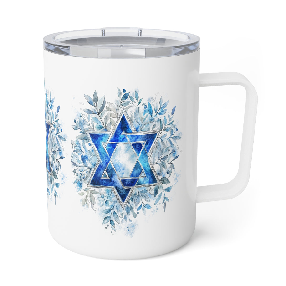 A white insulated tumbler with a clear lid and handle, decorated with a blue watercolor Star of David surrounded by light blue leaves.