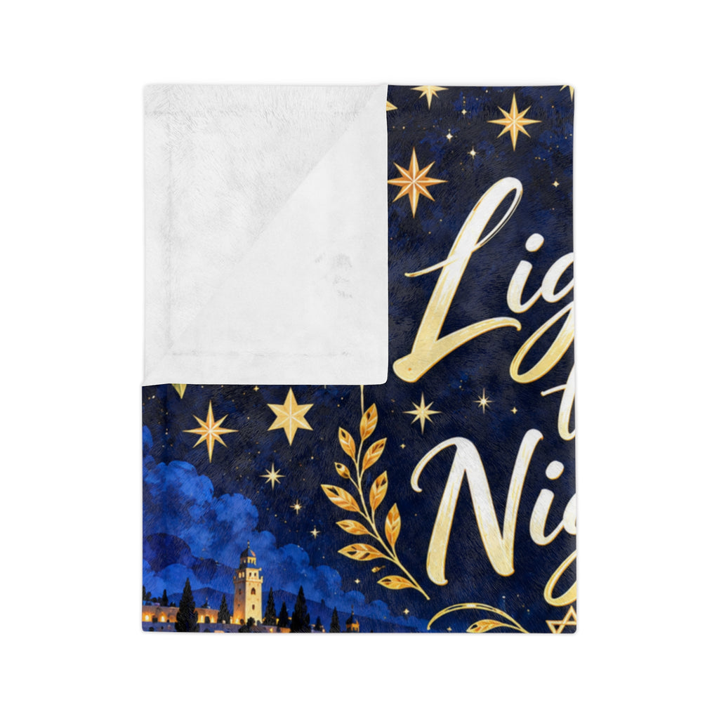 Light the Night Hanukkah Blanket – Navy & Gold Festival of Lights Velveteen Throw | Jerusalem-Inspired Menorah Gift