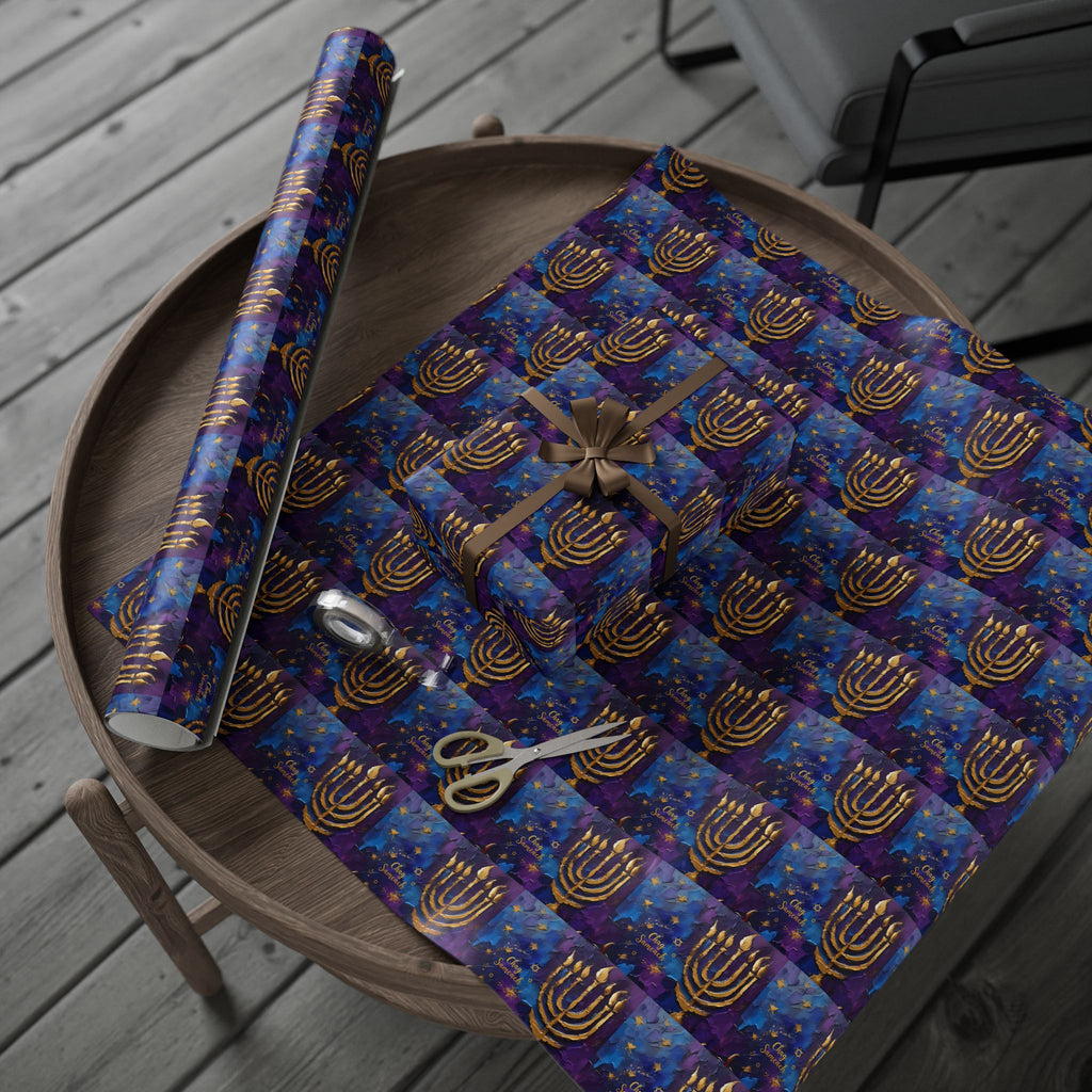 Menorah Gift Wrap in Purple & Gold |  Festival of Lights Gift Supplies