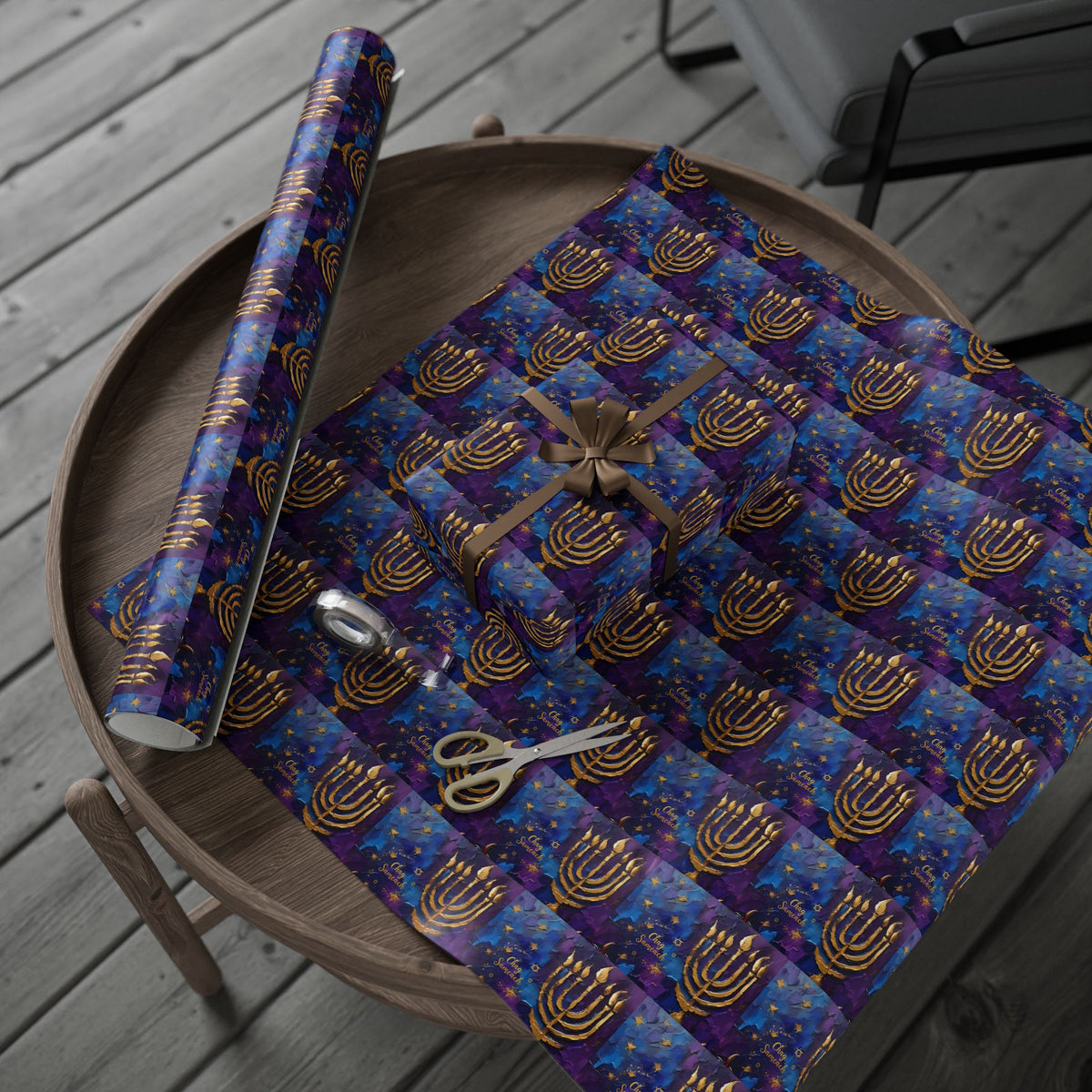 Menorah Gift Wrap in Purple & Gold |  Festival of Lights Gift Supplies