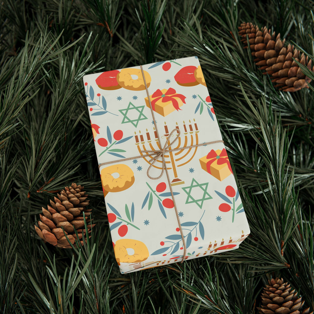 Hanukkah Wrapping Paper - Cream Judaica Gift Wrap with Menorahs & Olive Branches