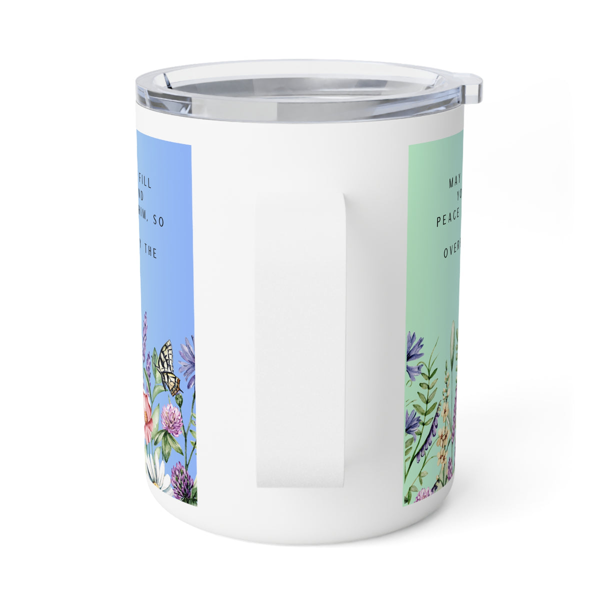 White insulated travel mug with a clear lid and a handle, featuring pastel botanical illustrations and partial text on the sides, shown on a white background.