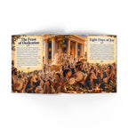 An open book or magazine spread showing a printed page titled "The Feast of Dedication" on the left and "Eight Days of Joy" on the right, with a large historical scene of a banquet and crowd across the spread.