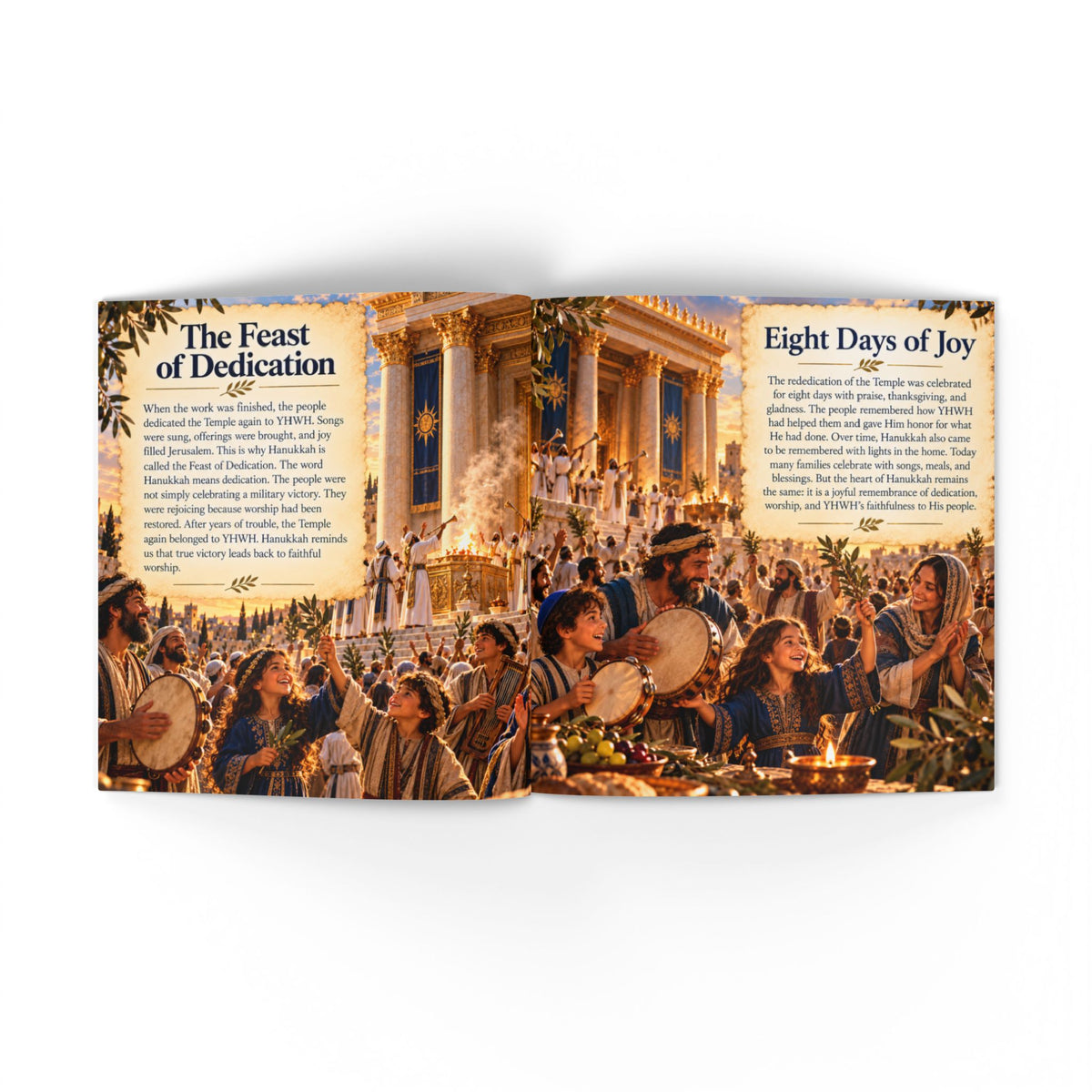 An open book or magazine spread showing a printed page titled "The Feast of Dedication" on the left and "Eight Days of Joy" on the right, with a large historical scene of a banquet and crowd across the spread.