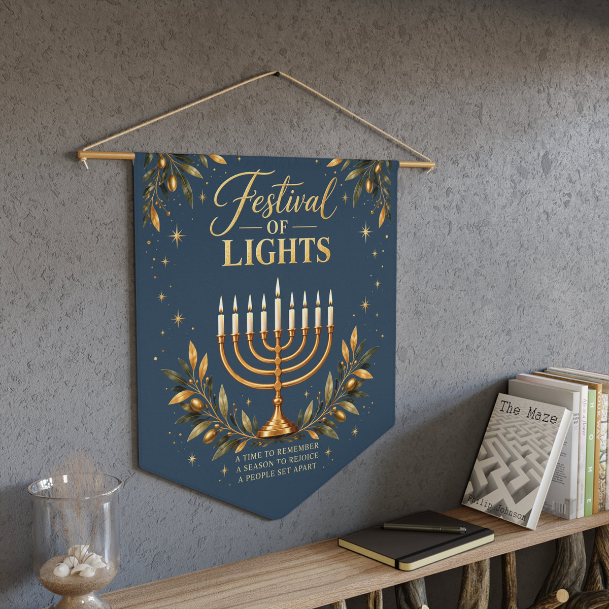 Festival of Lights Hanukkah Wall Pennant | Hanukkiah Menorah Decor | Blue & Gold Holiday Banner