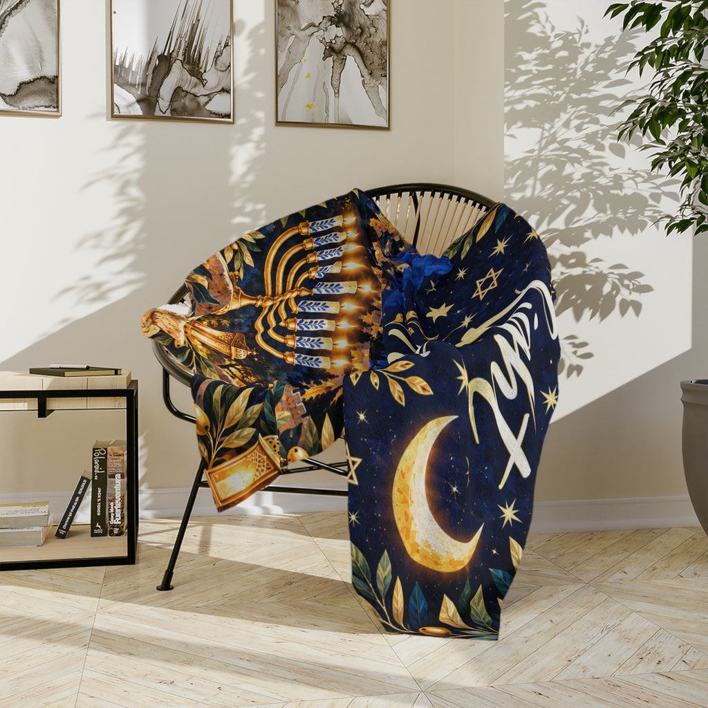 Light the Night Hanukkah Blanket – Navy & Gold Festival of Lights Velveteen Throw | Jerusalem-Inspired Menorah Gift