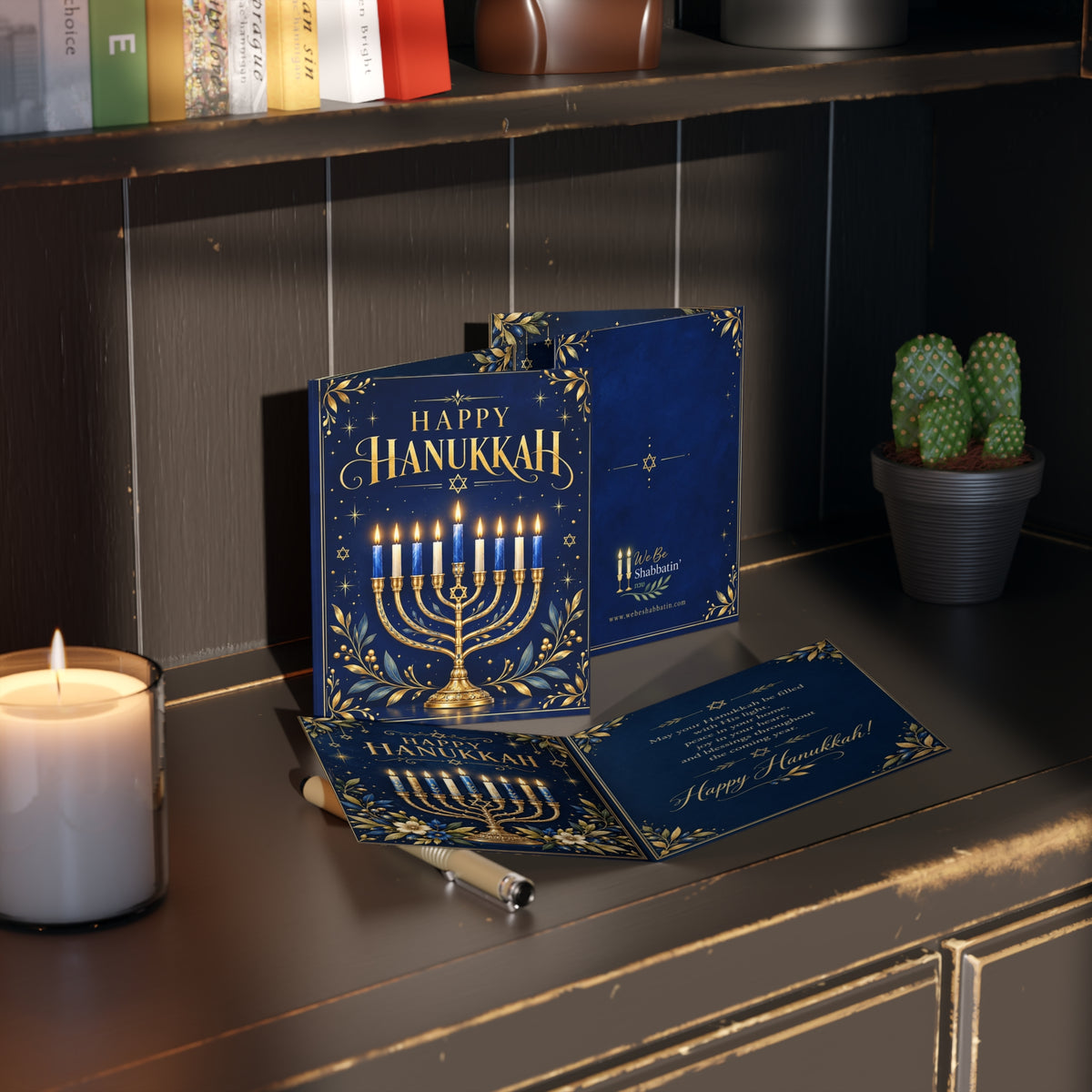 Happy Hanukkah Navy & Gold Menorah Card | Festival of Lights Greeting Card (8, 16, and 24 pcs)