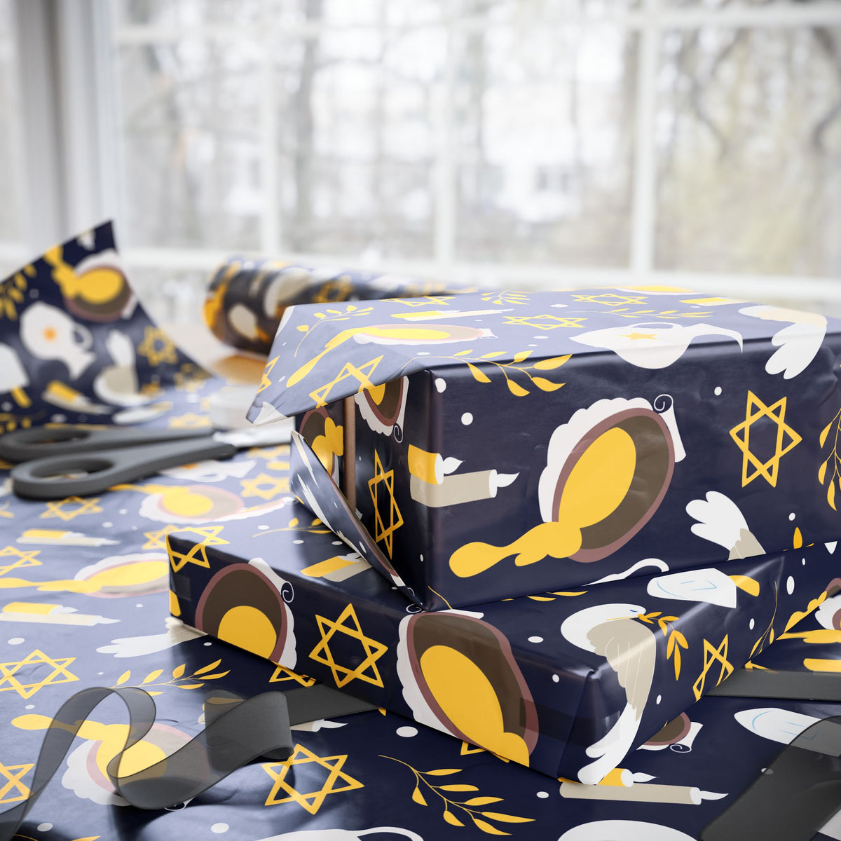 Navy & Gold Judaica Gift Wrap with Doves, Candles, and Stars of David