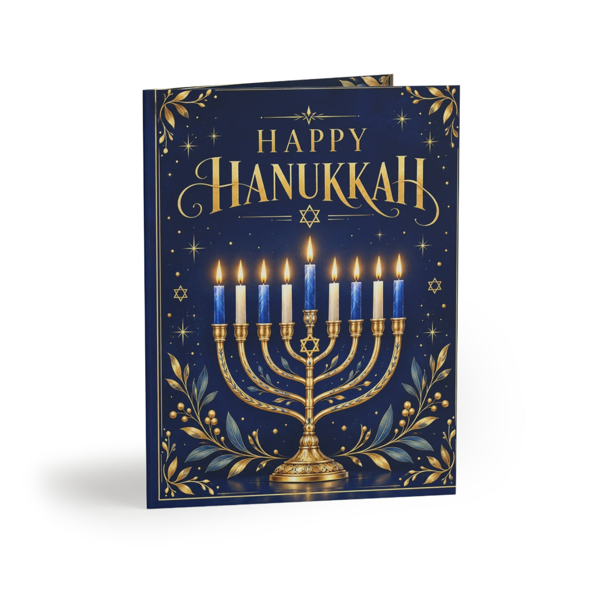 Happy Hanukkah Navy & Gold Menorah Card | Festival of Lights Greeting Card (8, 16, and 24 pcs)