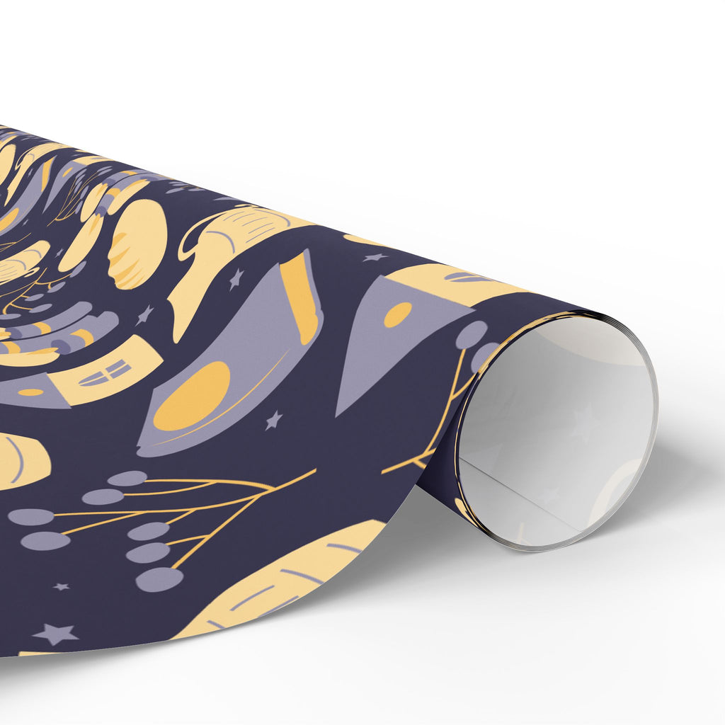 Shabbat Wrapping Paper | Elegant Navy & Gold Judaica Gift Wrap with Candles, Challah, Stars |