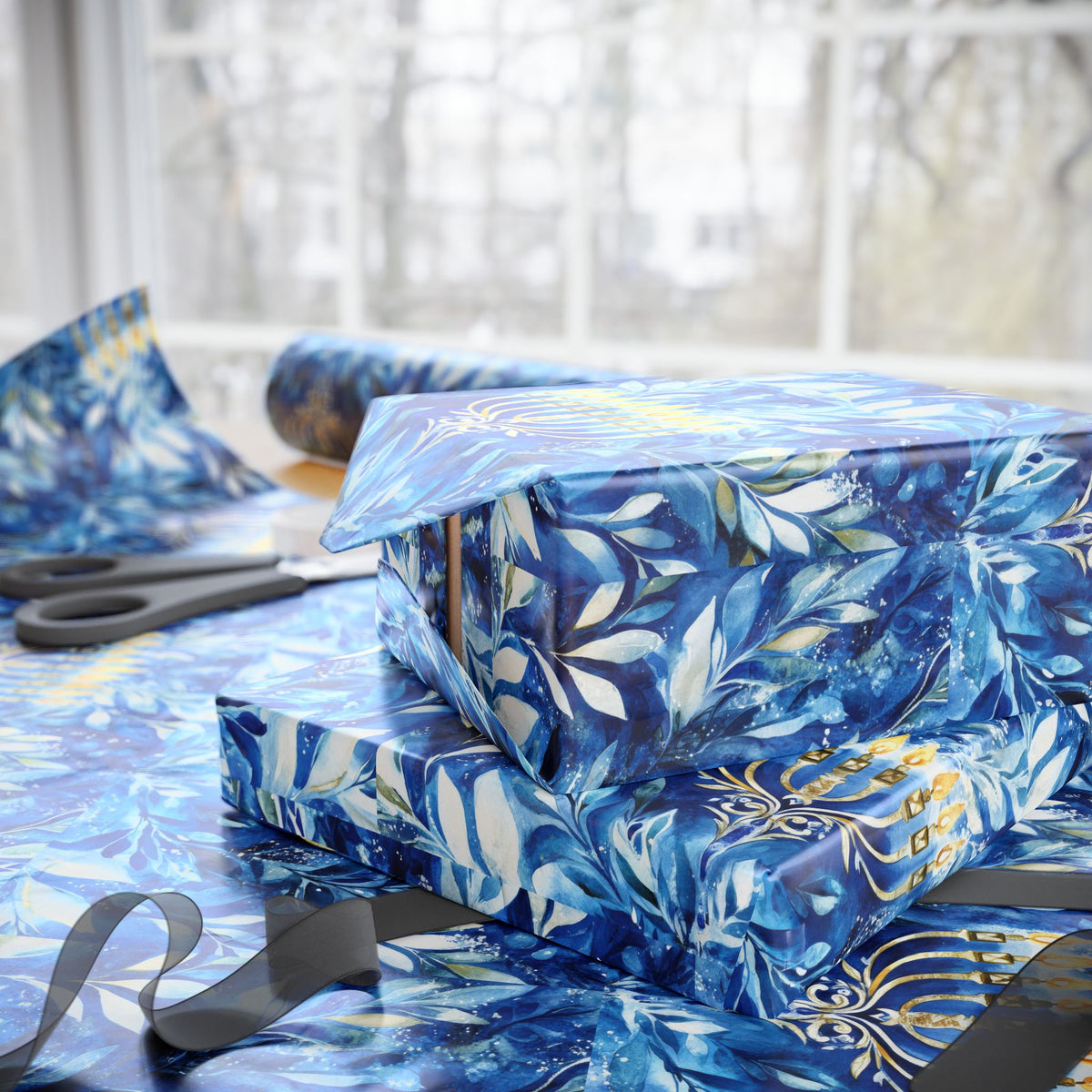 Menorah Blue Marble Swirl Wrapping Paper