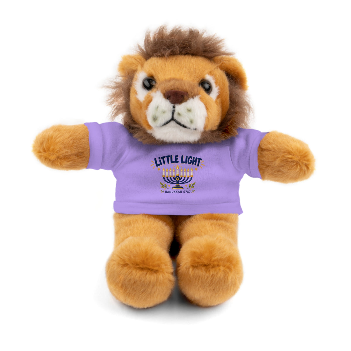 Stuffed lion toy wearing a purple shirt with 'Lucky' printed on it against a white background
