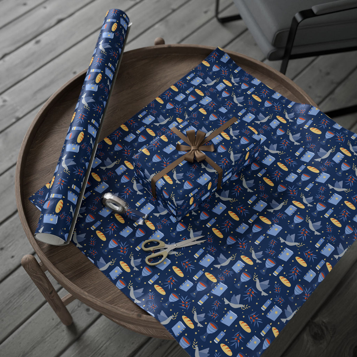 Judaica Gift Wrap with Challah, Kiddush Cup, Doves & Olive Branches