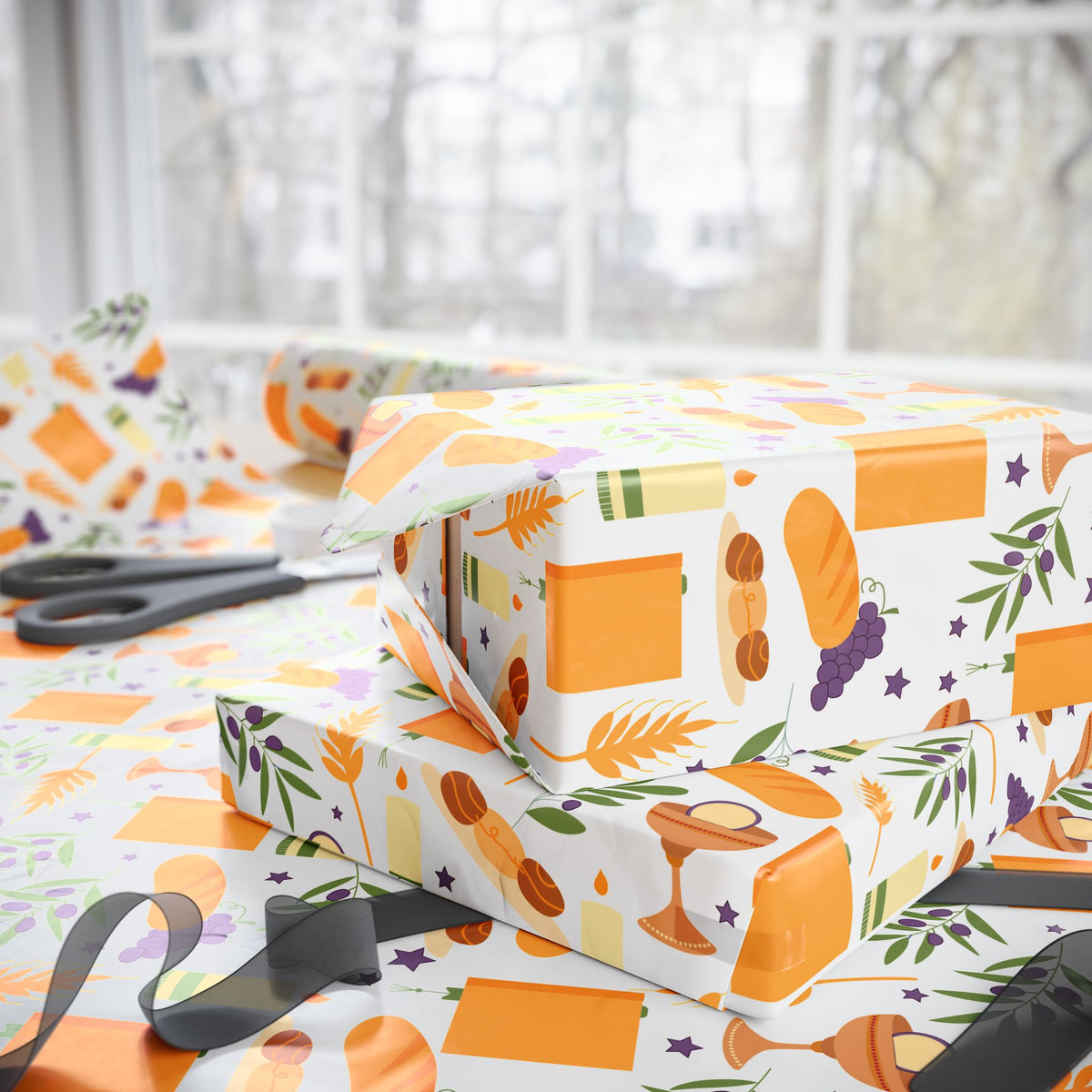 Shabbat Blessings Wrapping Paper | Wheat, Grapes, Challah & Candle Judaica Gift Wrap