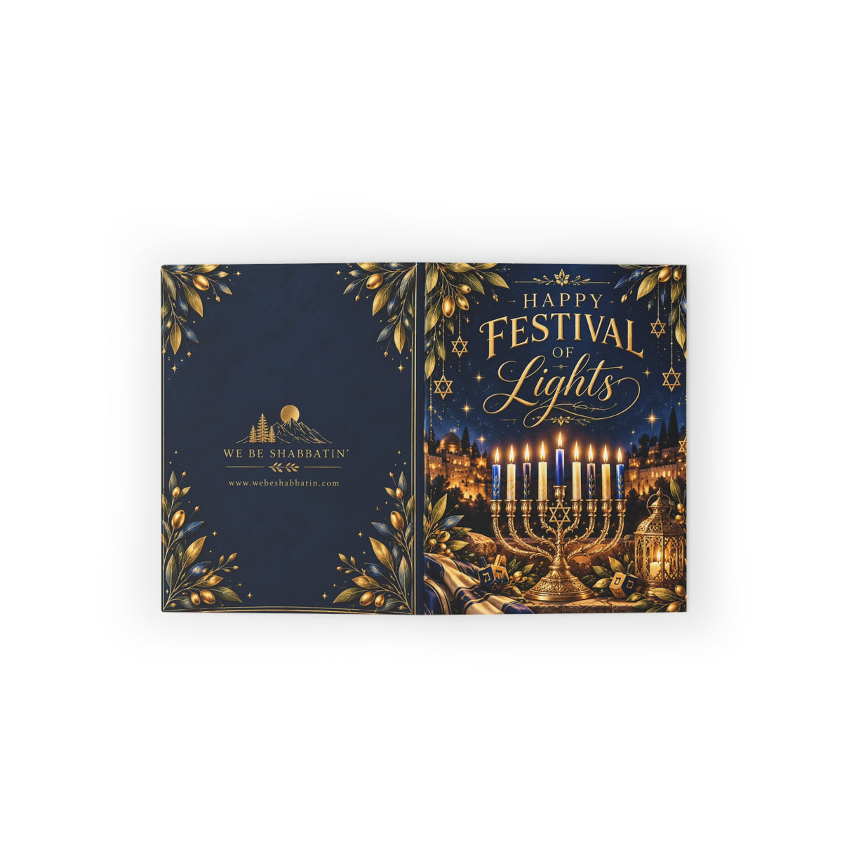 Happy Festival of Lights Hanukkah Card | Jerusalem Menorah Greeting Card (8, 16, and 24 pcs)