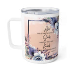 A white insulated travel mug with a clear lid, featuring a printed floral design in blue, purple, and pink with the Bible verse Matthew 7:7 on a peach background.