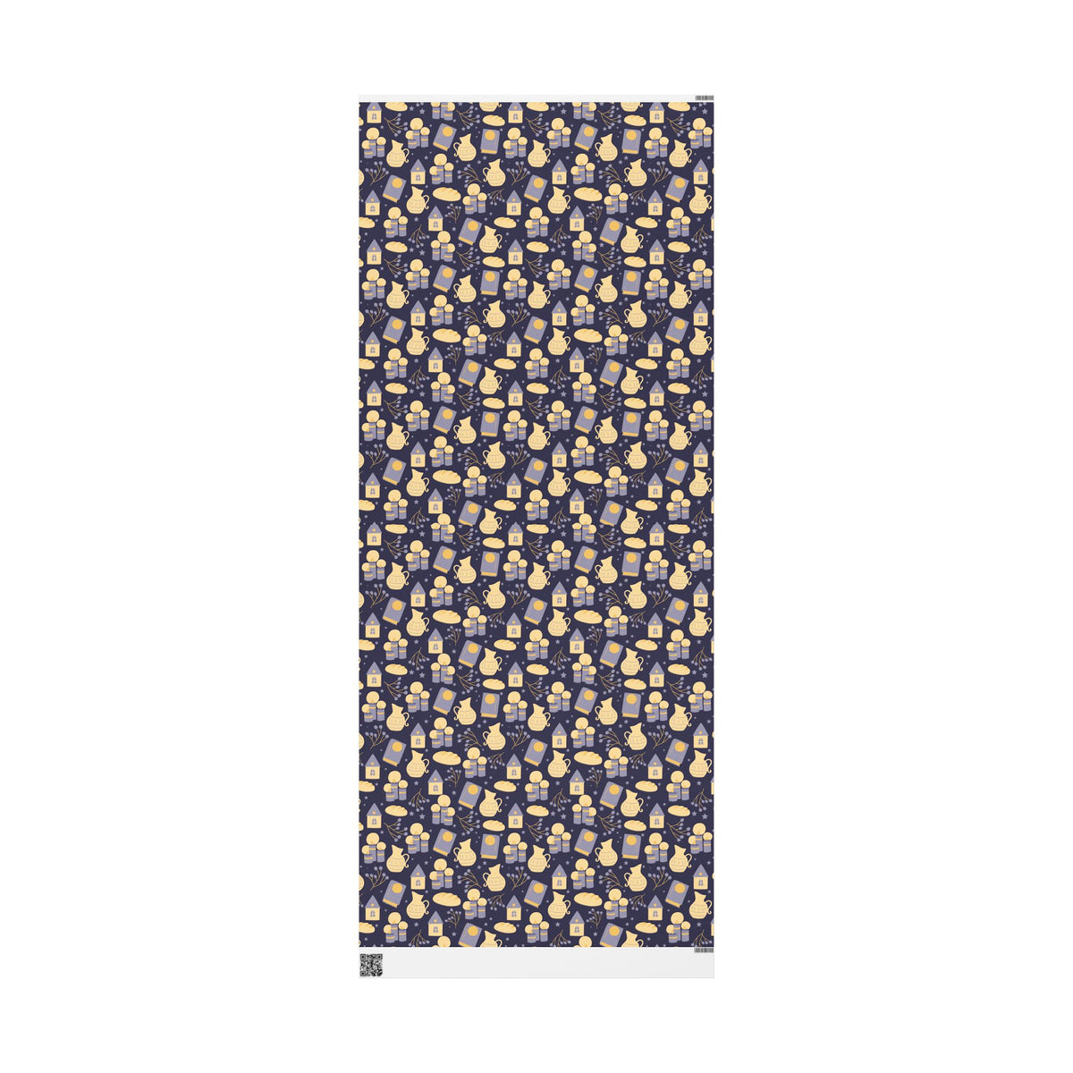 Shabbat Wrapping Paper | Elegant Navy & Gold Judaica Gift Wrap with Candles, Challah, Stars |
