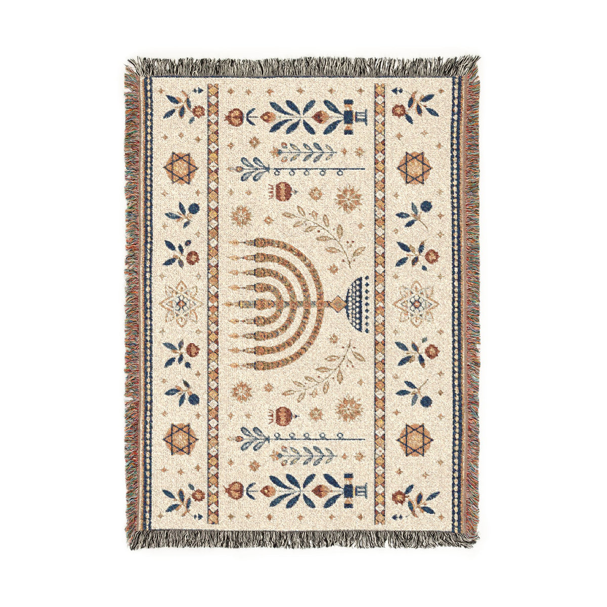 A rectangular woven rug with a cream background and multicolor traditional patterns, featuring a central menorah motif and fringed edges, shown flat against a white background.