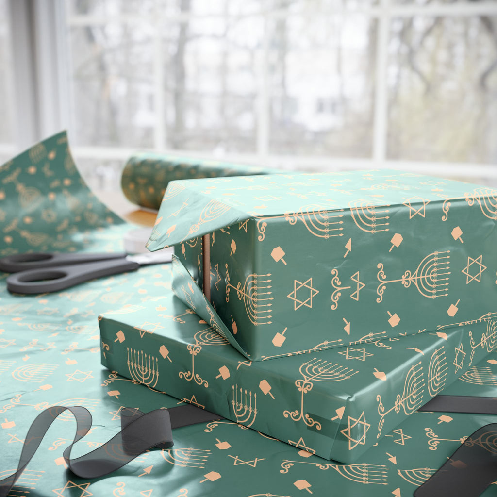 Menorah & Star of David Wrapping Paper | Green & Gold Holiday Gift Wrap