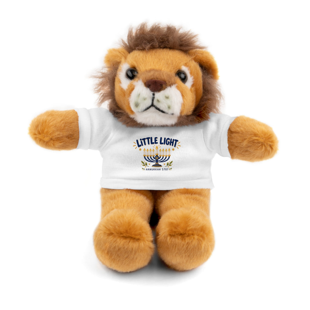 Plush lion toy wearing a white t-shirt with a logo on a white background