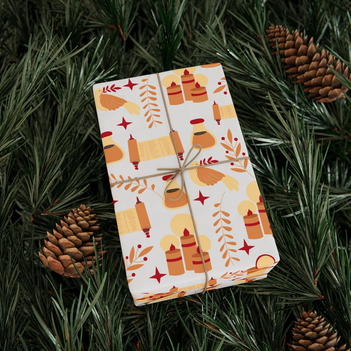 Golden Candle & Scroll Judaica Gift Wrap | Warm Red and Gold Holiday Wrapping Paper