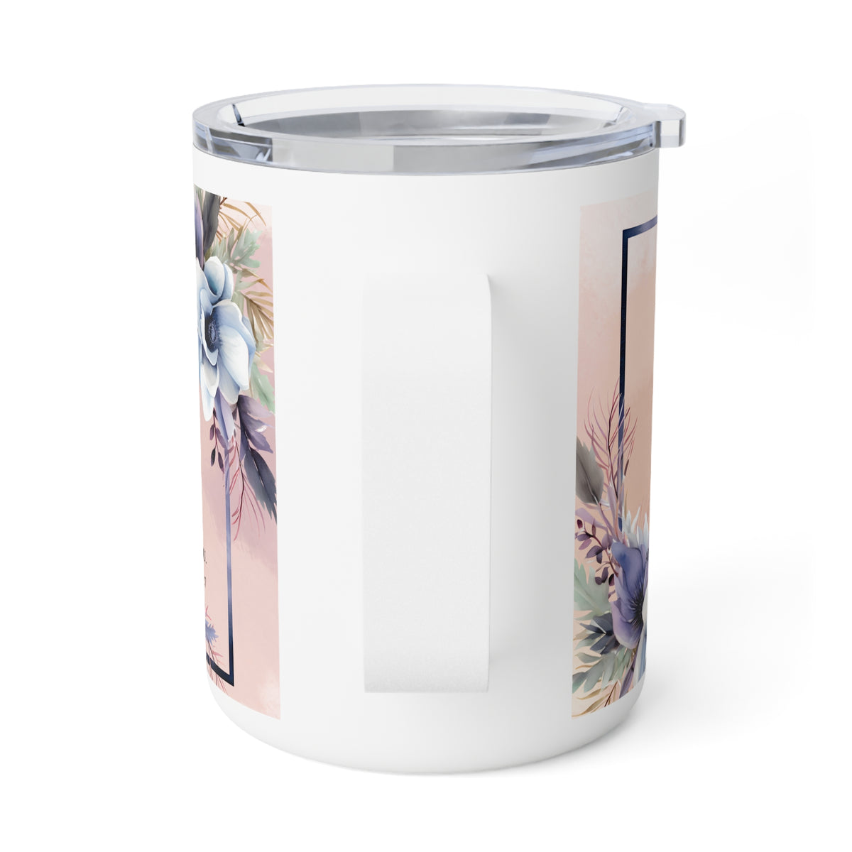 A white insulated tumbler with a clear lid and a vertical floral print in soft pink, blue, and green tones, shown on a clean white background.