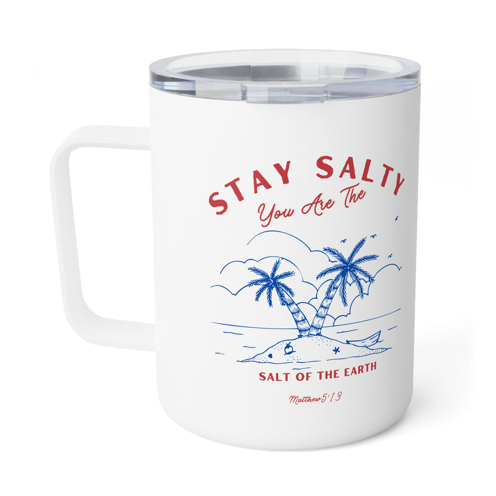 A white insulated travel mug with a clear lid, featuring a blue and red graphic of palm trees on a beach with the text 'STAY SALTY You Are The' and 'SALT OF THE EARTH' plus 'Matthew 5:13'.