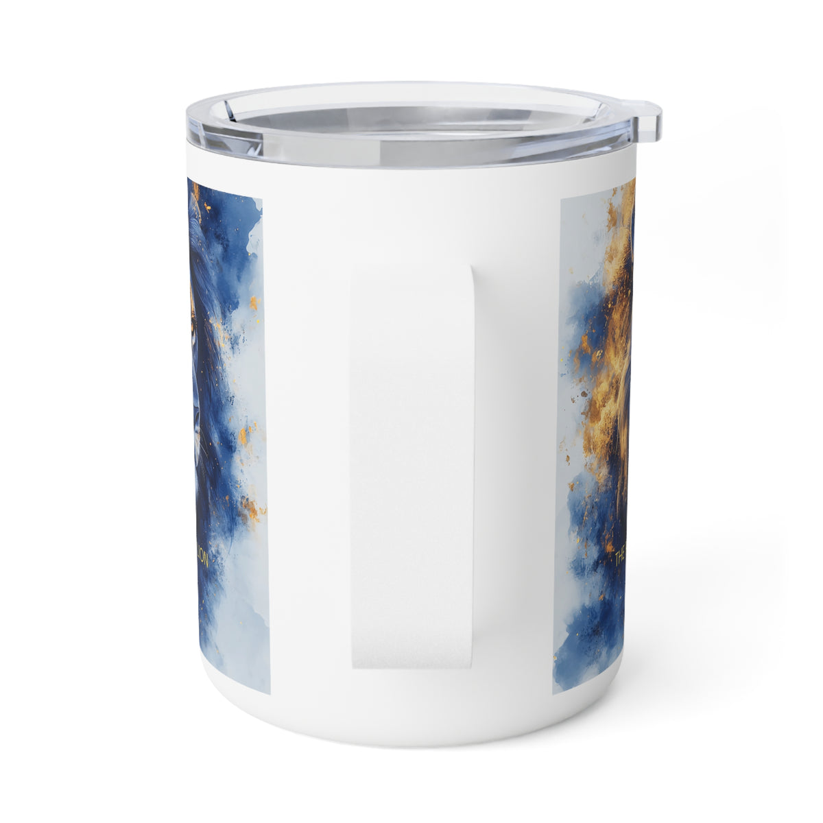 A white insulated travel mug with a clear lid and a vertical handle, featuring abstract blue and gold watercolor-style printed panels on the sides, shown on a white background.