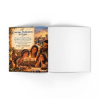 An open printed booklet or book spread on a light gray background. The left page shows a warm-toned illustrated holiday scene with people around a table and candles, plus a text panel reading 'Courage, Dedication, and Light' and 'Happy Hanukkah!'.