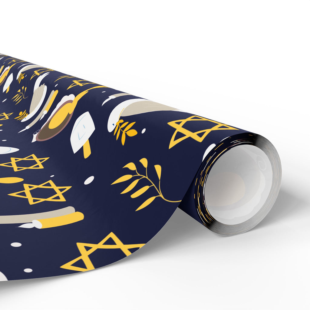 Navy & Gold Judaica Gift Wrap with Doves, Candles, and Stars of David
